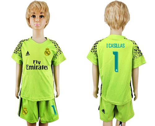 Real Madrid #1 I.Casillas Shiny Green Goalkeeper Kid Soccer Club Jersey - Click Image to Close
